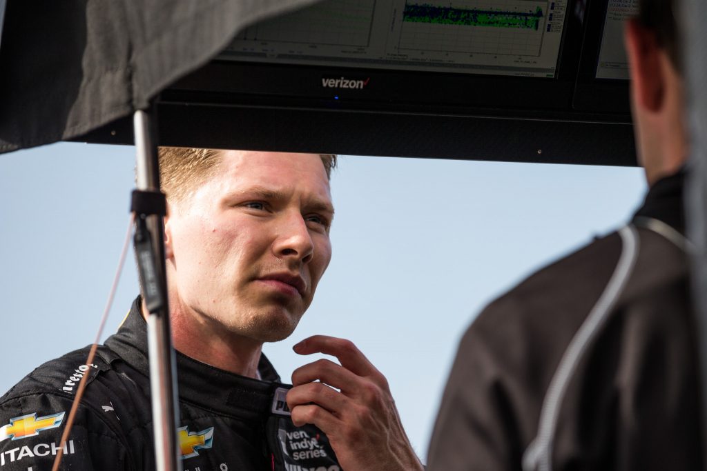 Josef Newgarden discusses handling characteristics with the telemetry group